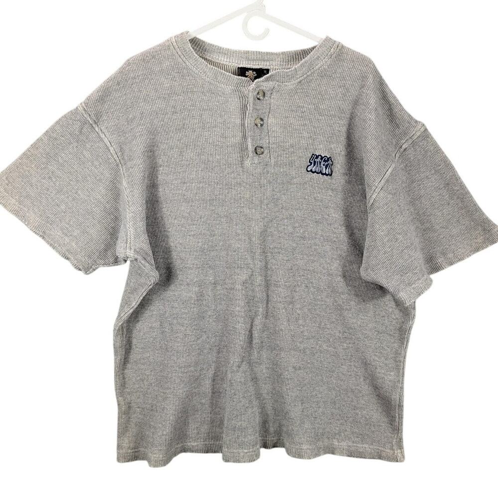 Vintage Yaga Shirt Mens XL Gray Waffle Knit Henley Embroidered Logo USA 90s